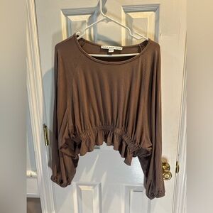 HYFVE Brown‎ Ribbed Cropped Top Large Boho Balloon Sleeves Elastic Waistband